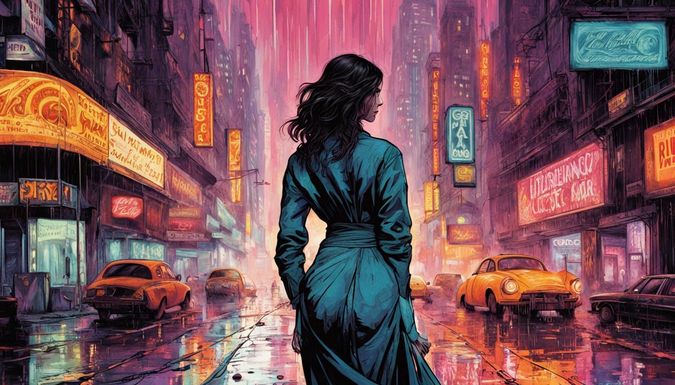 Expressive Art Nouveau Maid in Cyberpunk Cityscape