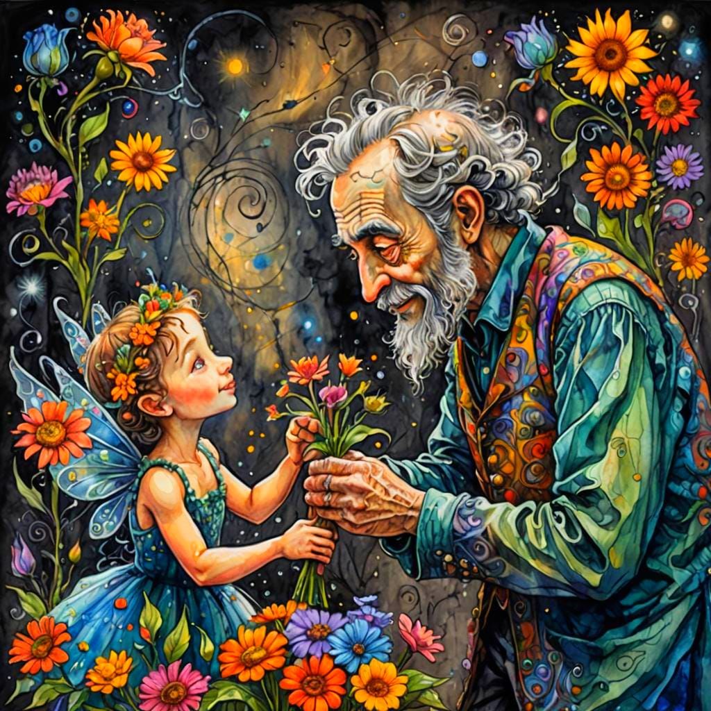 Fairy Toddler Gives Flowers: Watercolour Surreal Illustratio...