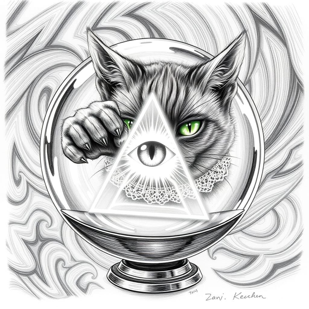 Mysterious Cat Confronts Glowing Digital Eye in Hypnotic Bla...