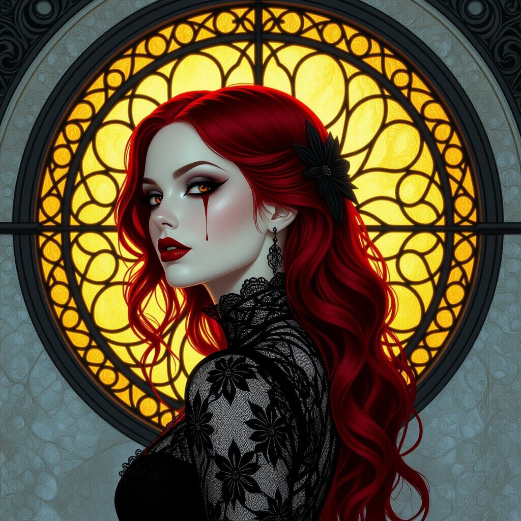 Gothic Woman Portrait with Blood Red Hair and Lips