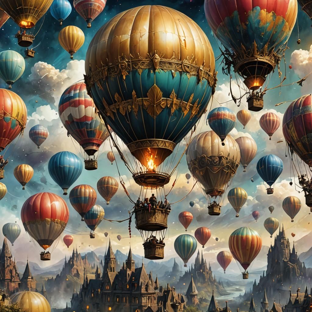 Luminescent Hot-Air Balloon in a Detailed Fantasy Scene