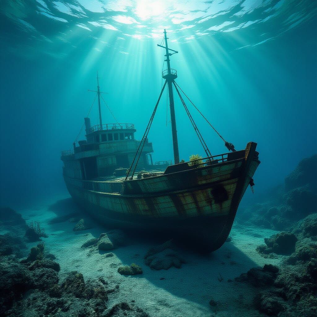 Rusted Shipwreck on Deserted Island Seabed