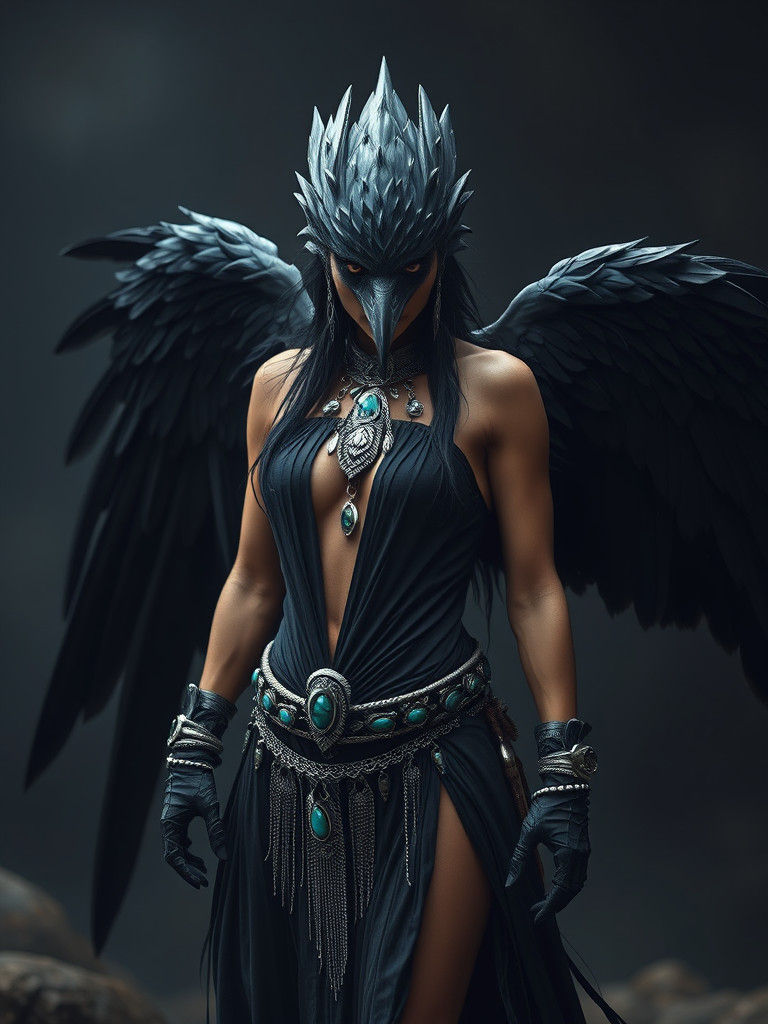 Fierce Crow Woman in Shamanic Warrior Pose