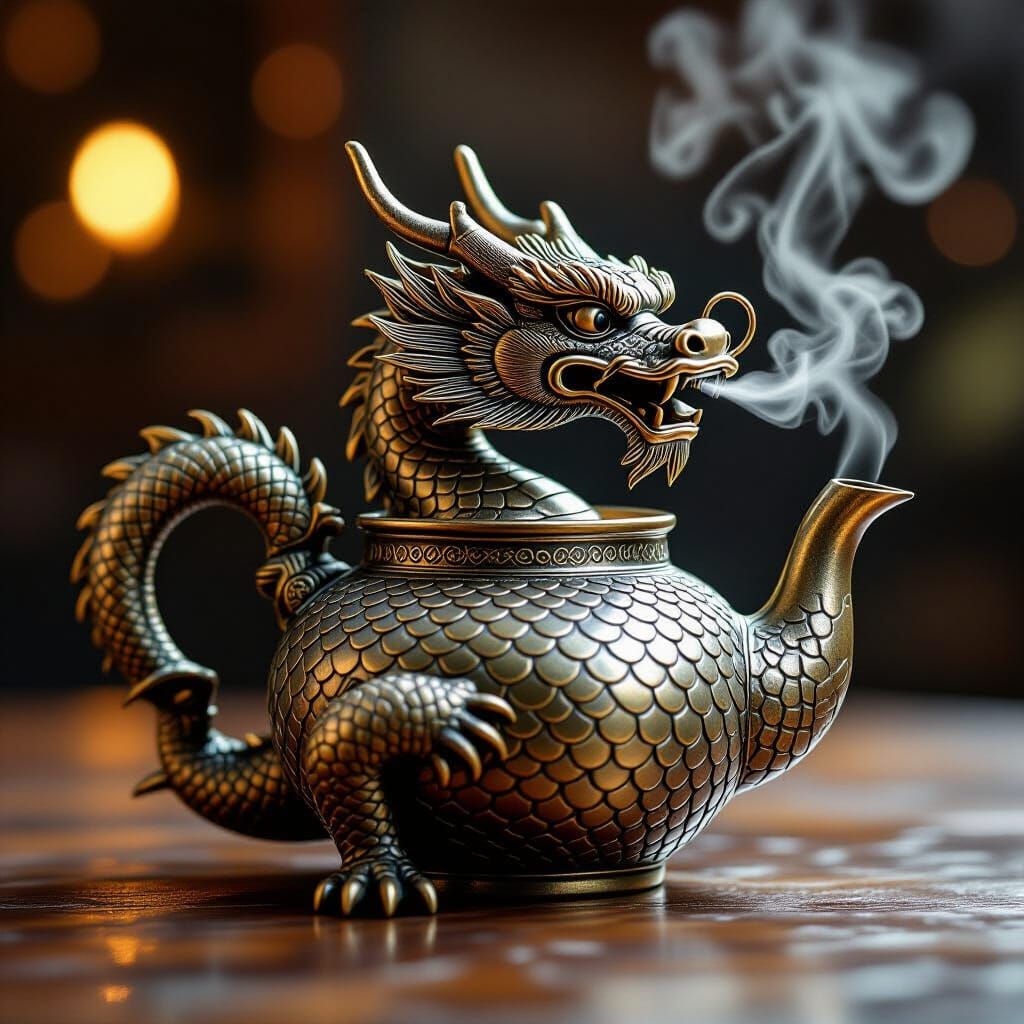 Photorealistic Bronze Dragon Teapot in Studio Lighting