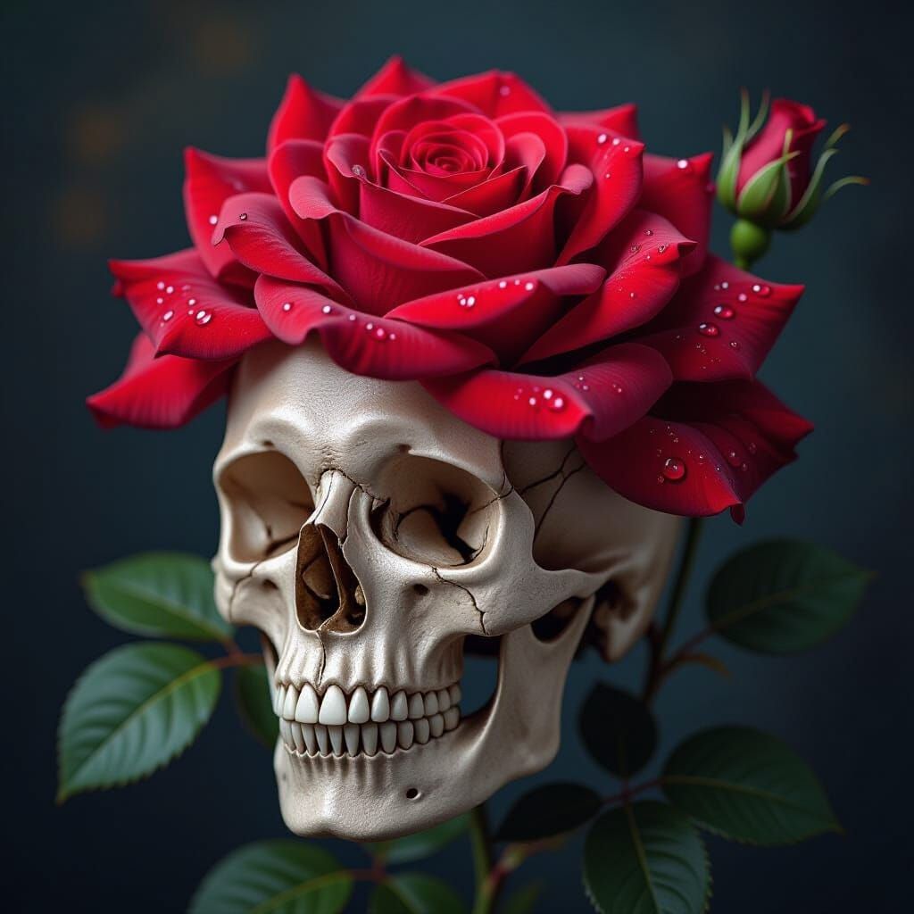 Human Skull with Red Rose in Dark Romanticism Style