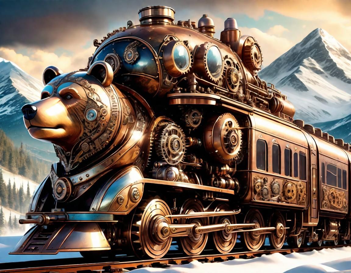 Steampunk Bear Train on Snowy Mountain