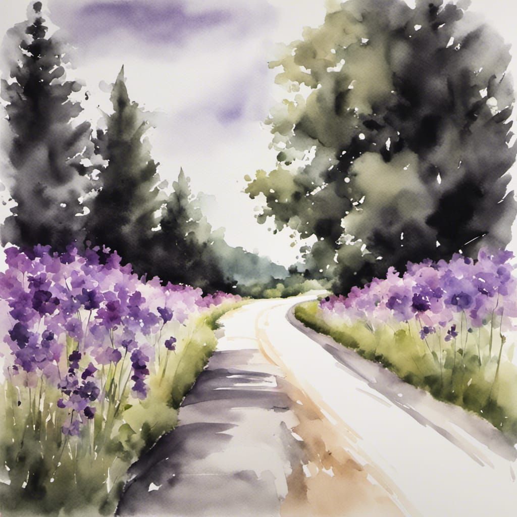 Black and White Country Road with Purple Flowers