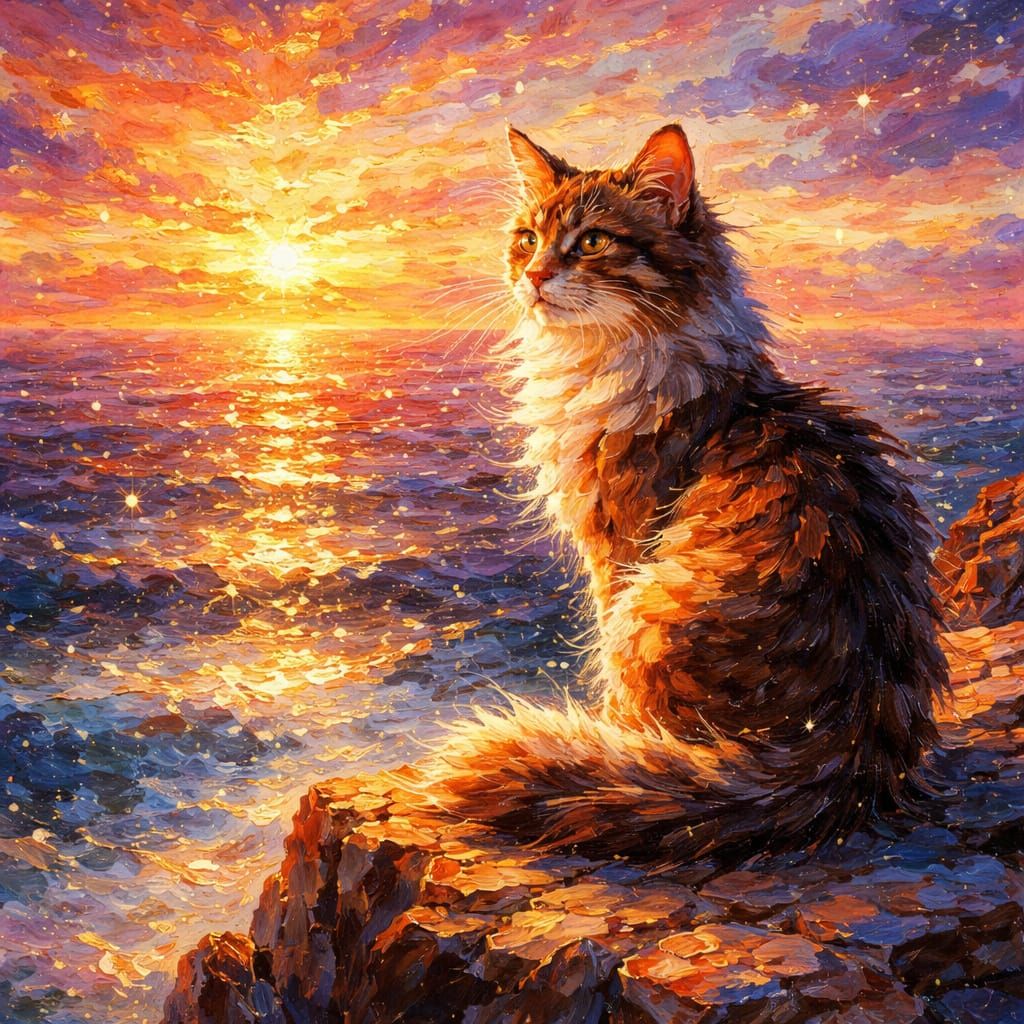 Beautiful cat sitting on a cliff at sunset