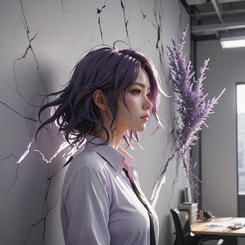 Cracked Office Wall with Anime-Style Silhouette
