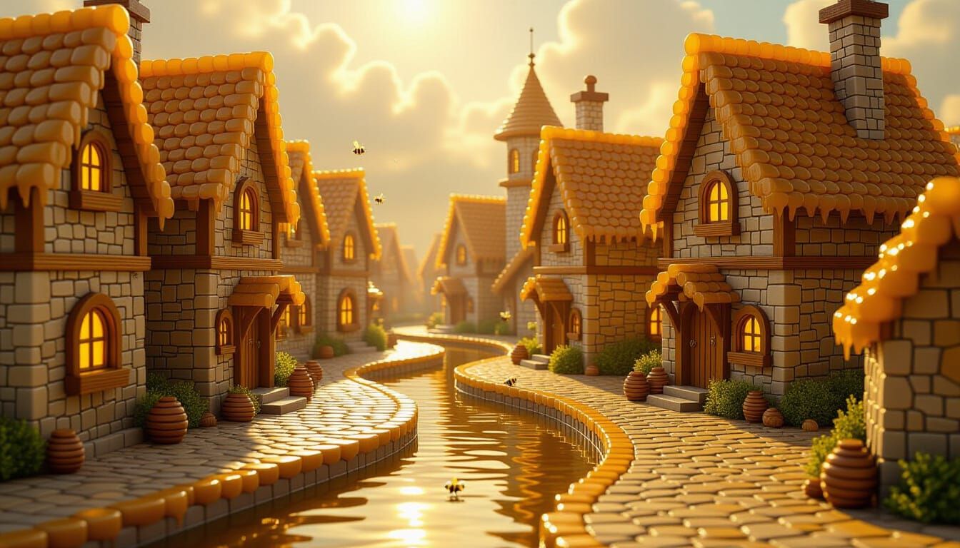 Whimsical Honey Village Storybook Illustration