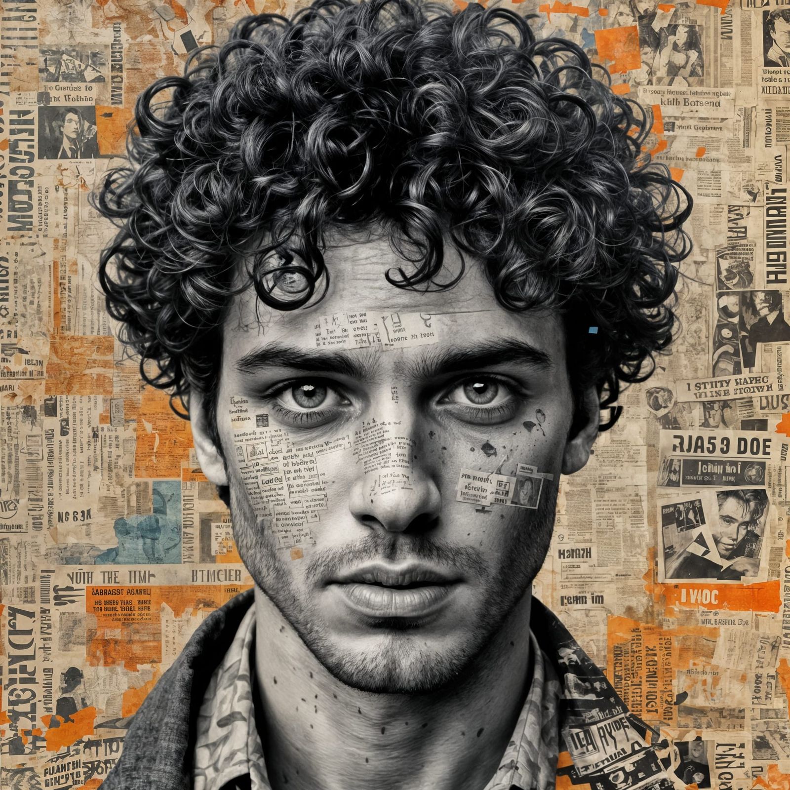 Gritty Newspaper Collage Portrait with Expressive Eyes