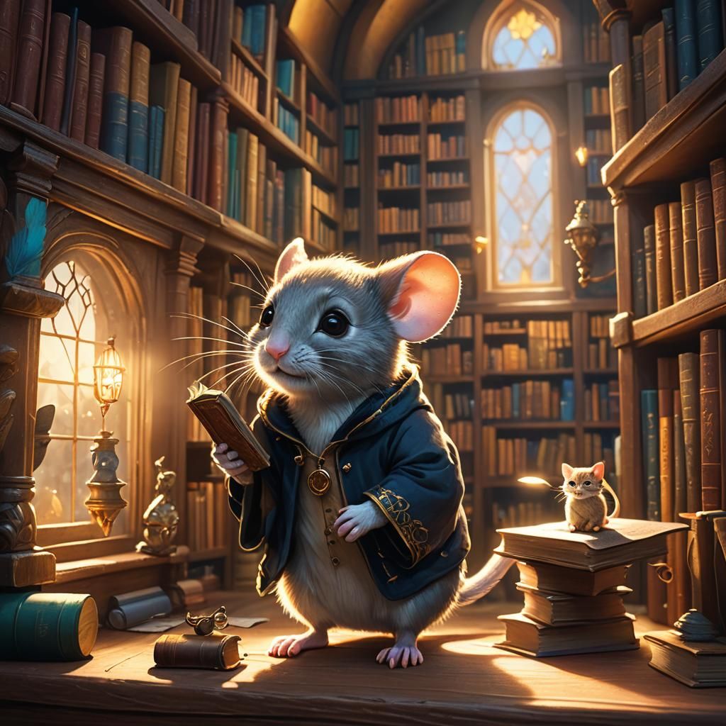 Mouse Sneaking Peek at Cat in Mystical Library