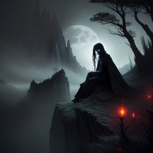 Gothic Girl on Cliff Gazing at Red Moon