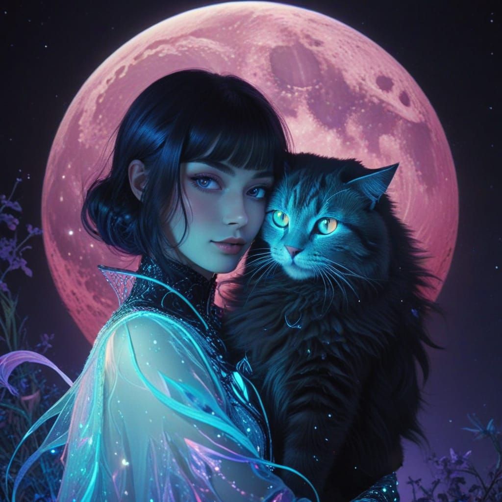 Woman and Cat Selfie in Neon Technicolor Fantasy