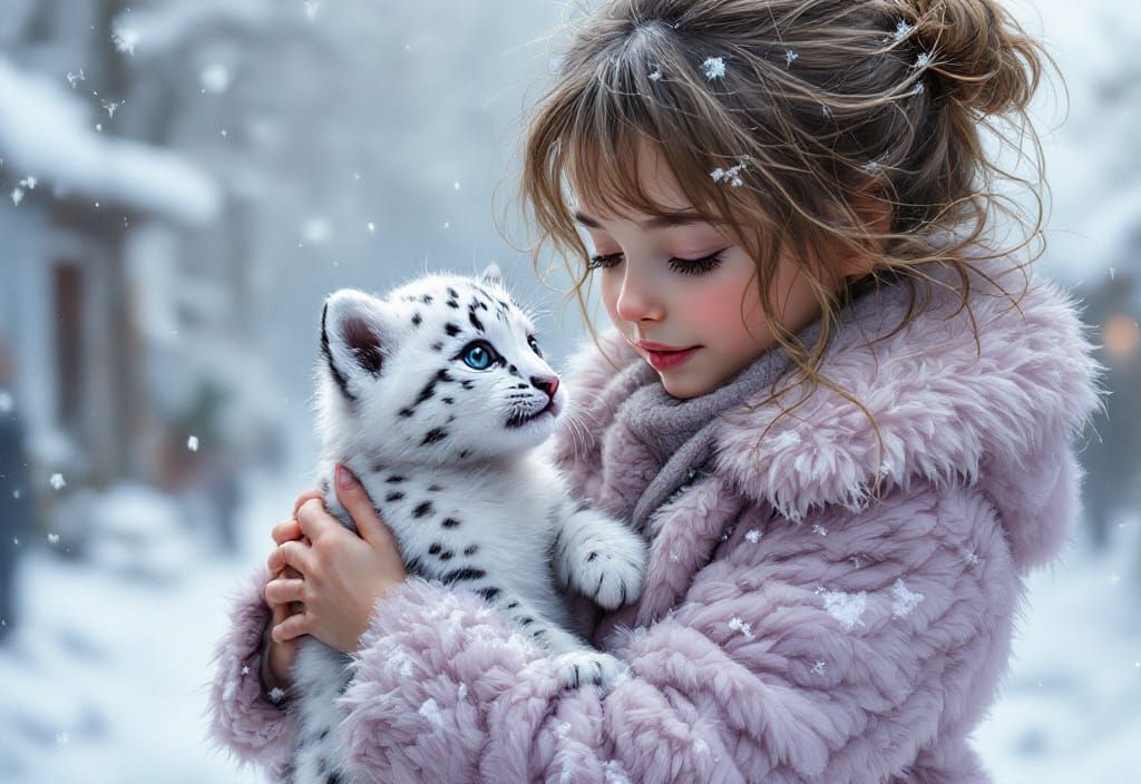 Girl with Snow Leopard Kitten in Fantasy Style