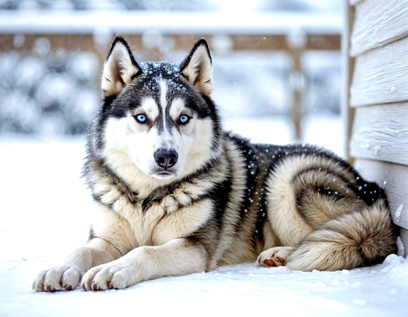 Vigilant Husky Curled on Snowy Veranda