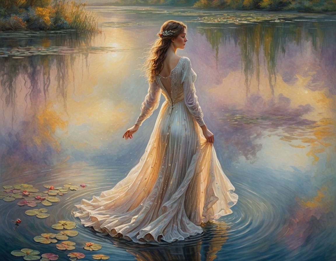 Woman in White Gown by Lake, Impressionist Painting