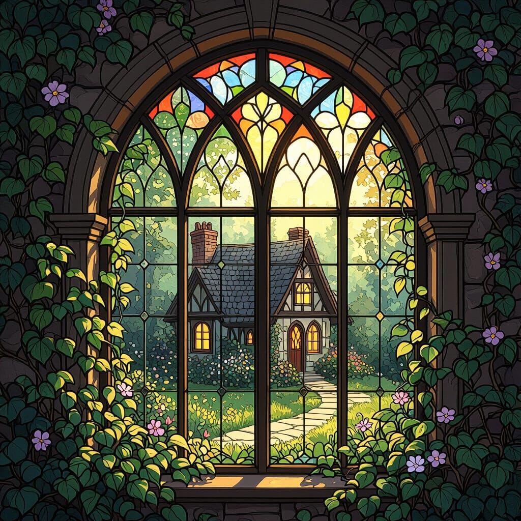 Enchanted Forest Cottage Through Stained Glass