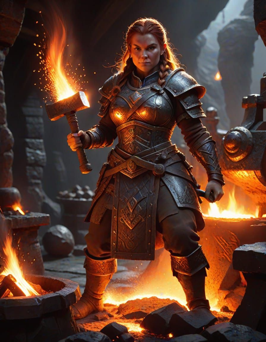 Dwarven Fighter at the Forge in Fantasy Art Style