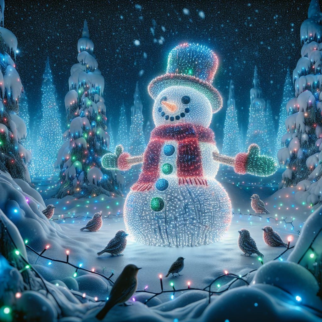 Adorable Snowman Made of Twinkling Lights in Enchanted Fores...