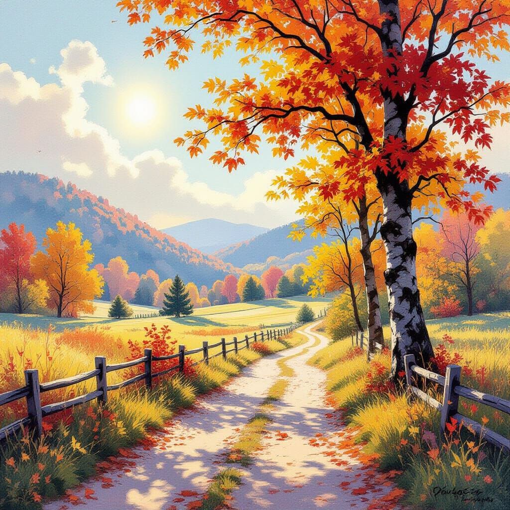 Breathtaking Autumn Landscape in Vibrant Watercolor Style