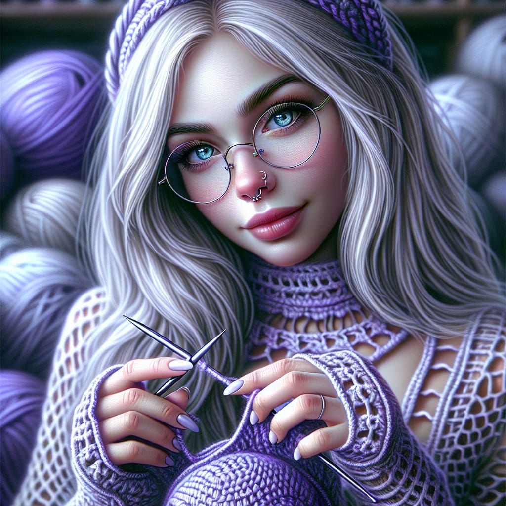 Blonde Woman Crocheting Woolen Animal as Color Pencil Sketch