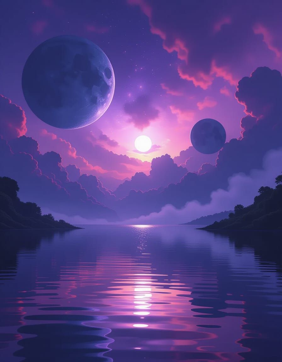 Alien Lagoon Reflecting Purple Nebula Under Strange Moons