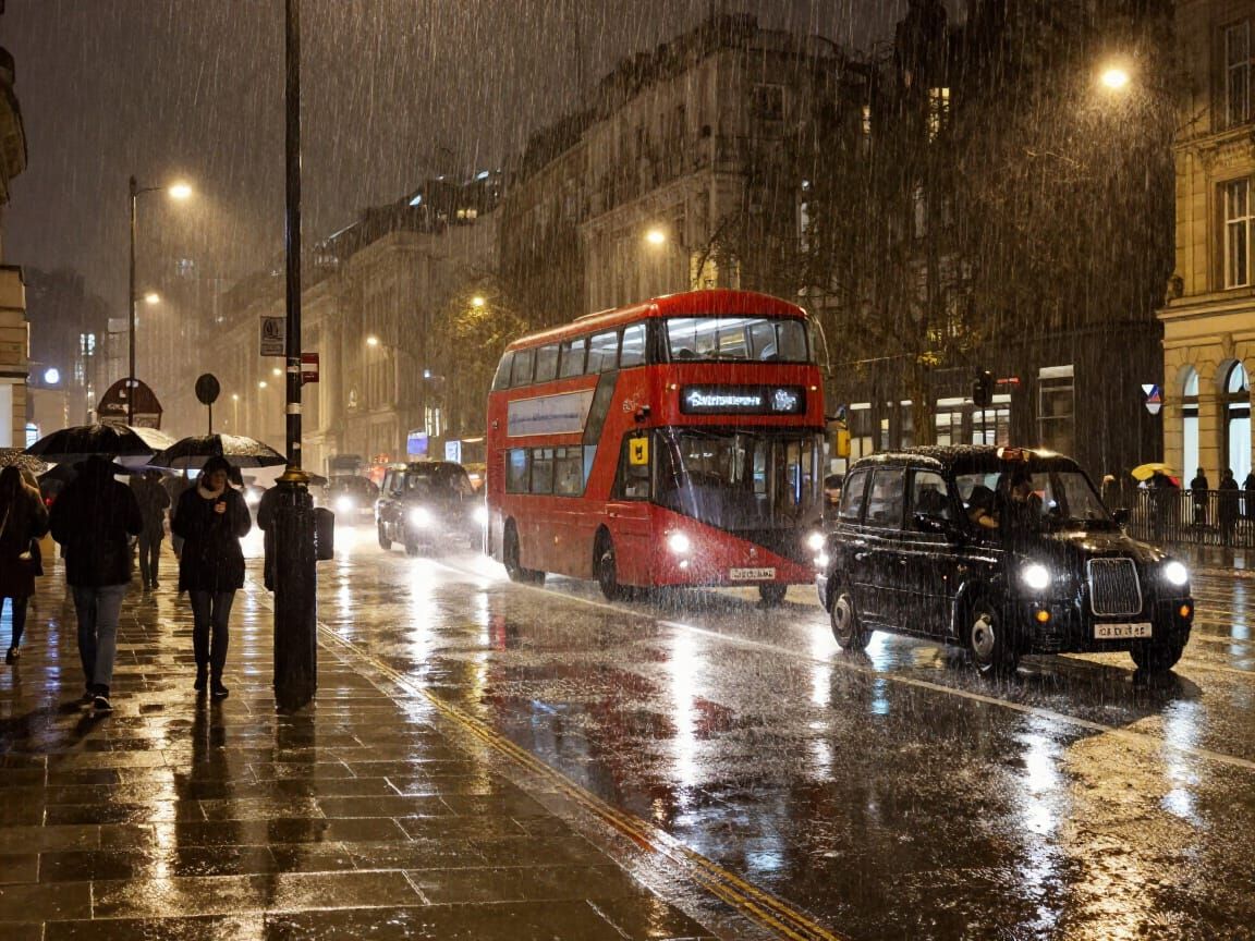 London at Night in Heavy Rain