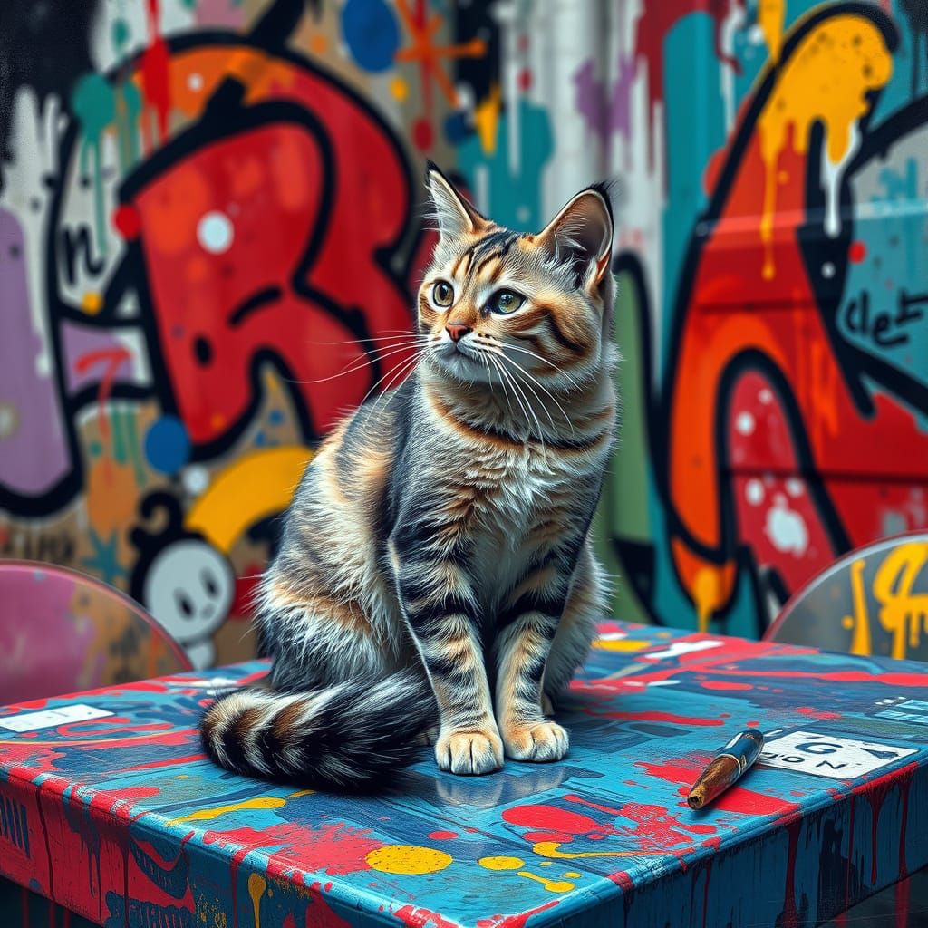 Whiskered Cat Enchanted by Urban Graffiti