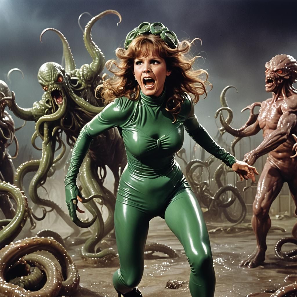 Woman in Latex Suit Fleeing Cthulhu Monster