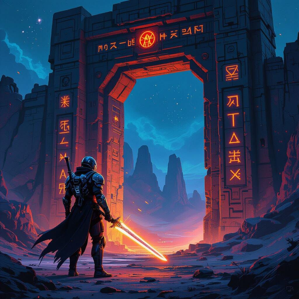 Futuristic Warrior Before Ancient Alien Gate