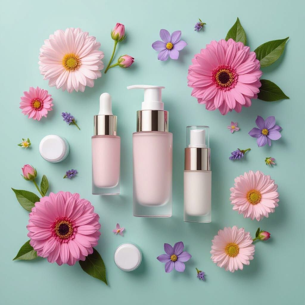 Skincare Still Life with Flowers in Digital Art Style