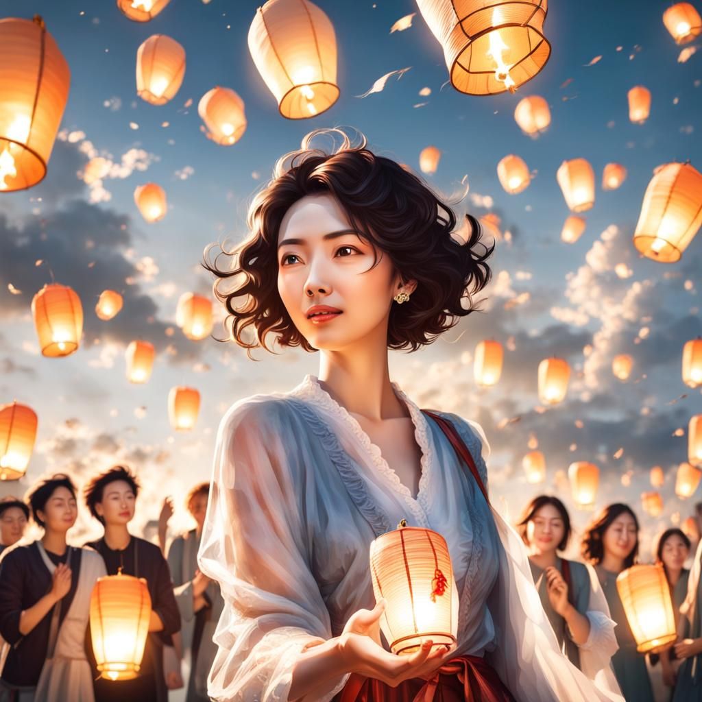 Woman Launches Lantern at Festival in Sunlight