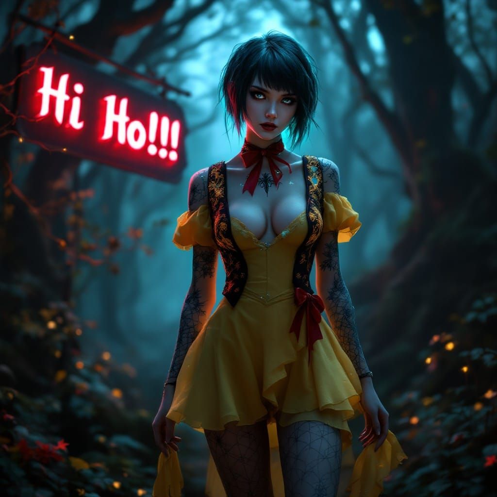 Goth Snow White in Intricate Yellow Mini Dress, Bioluminesce...