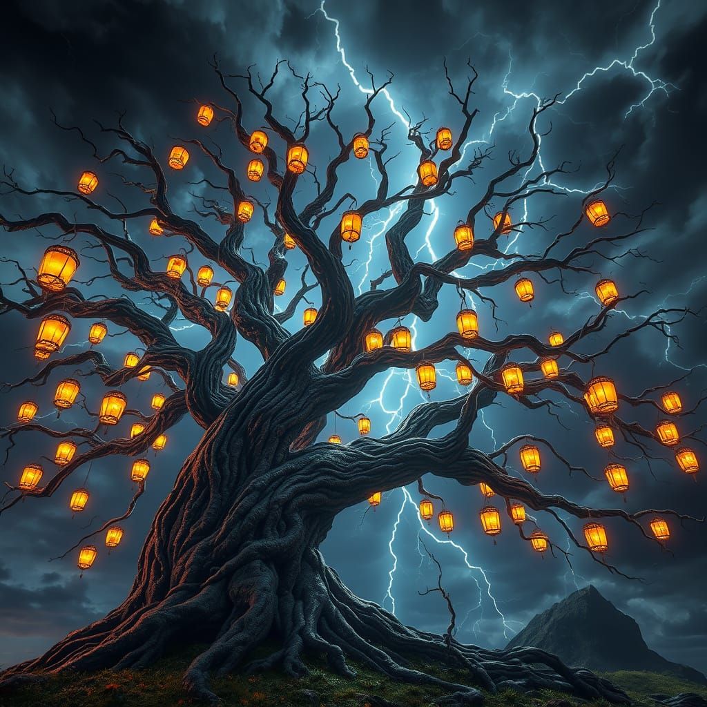 Ethereal Tree Guiding the Way Through Stormy Night