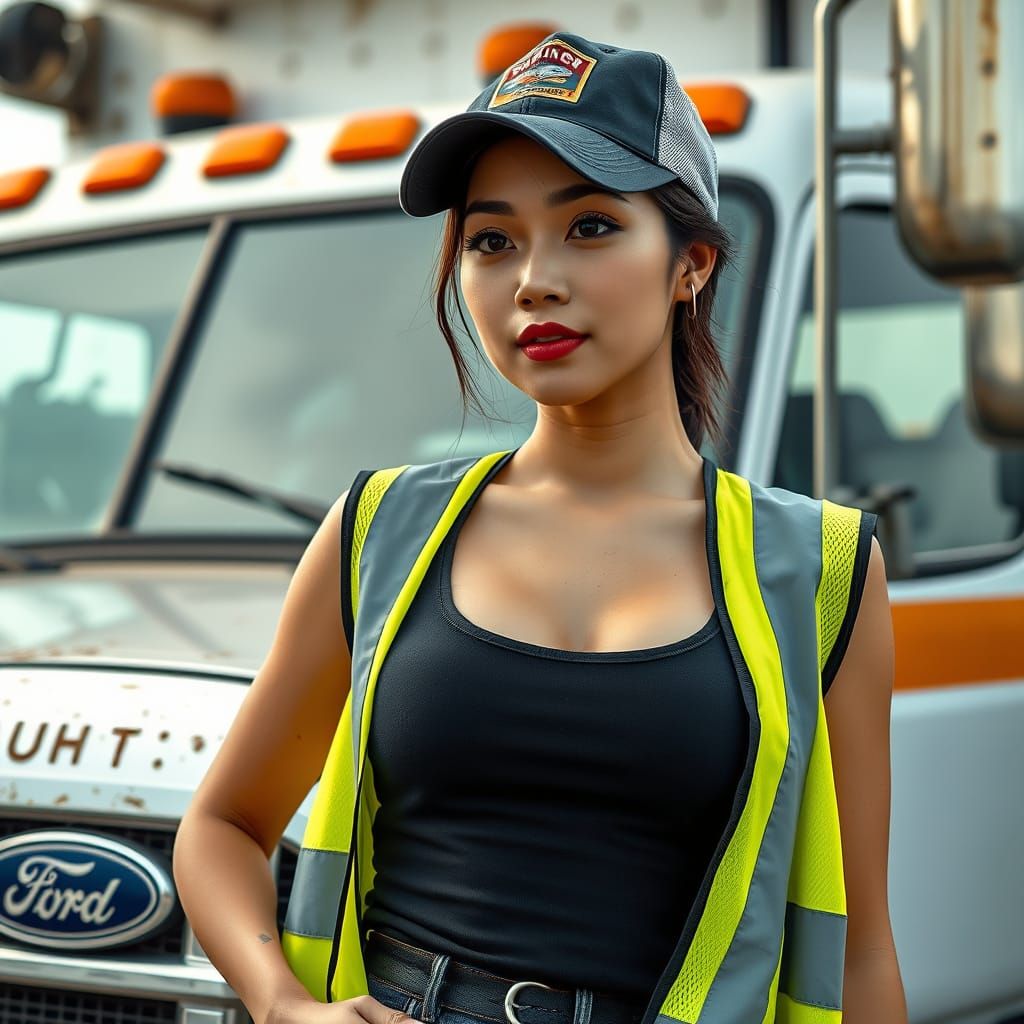 Asian Woman Truck Driver in Photorealistic Style