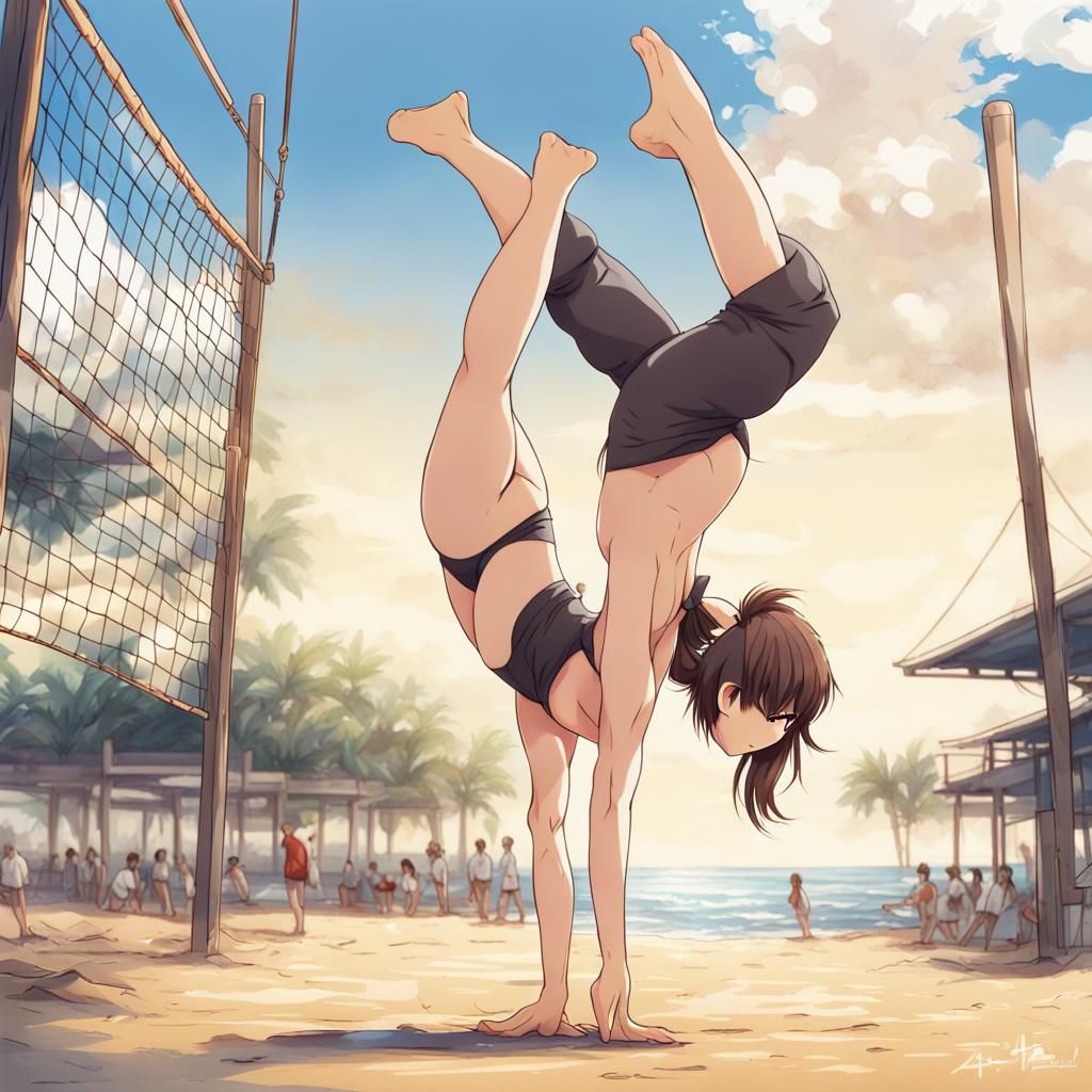 Anime Girl Handstand on Beach Volleyball Court