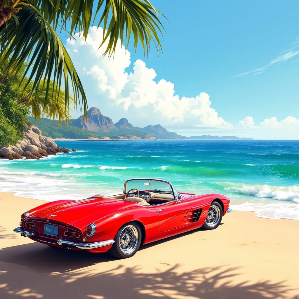 Surreal Cherry-Red Sports Car on a Sun-Kissed Beach in a Dre...