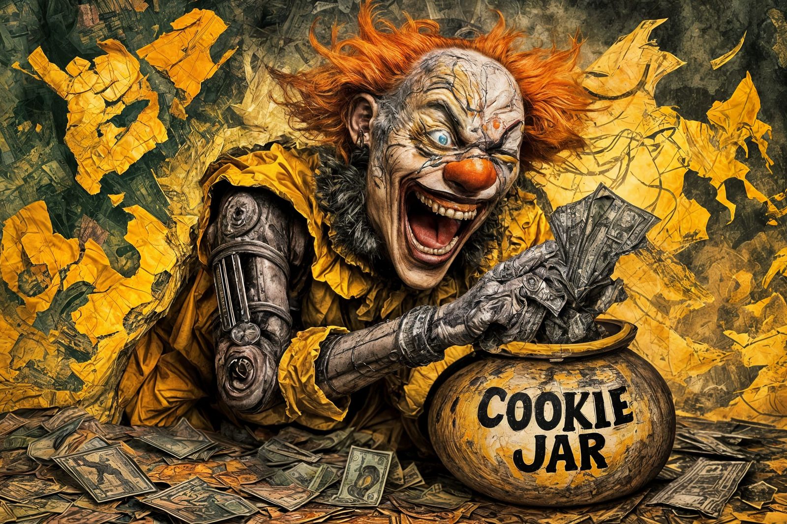 Chaotic Cyborg Clown Grabs Money: Satirical Political Art