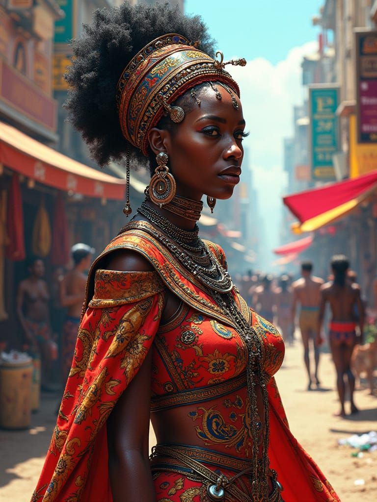 Afrofuturist Queen in Neon Regalia on Alien Market