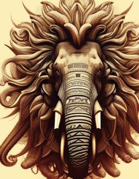 Elephant with Lion's Mane: Hyperdetailed Concept Art