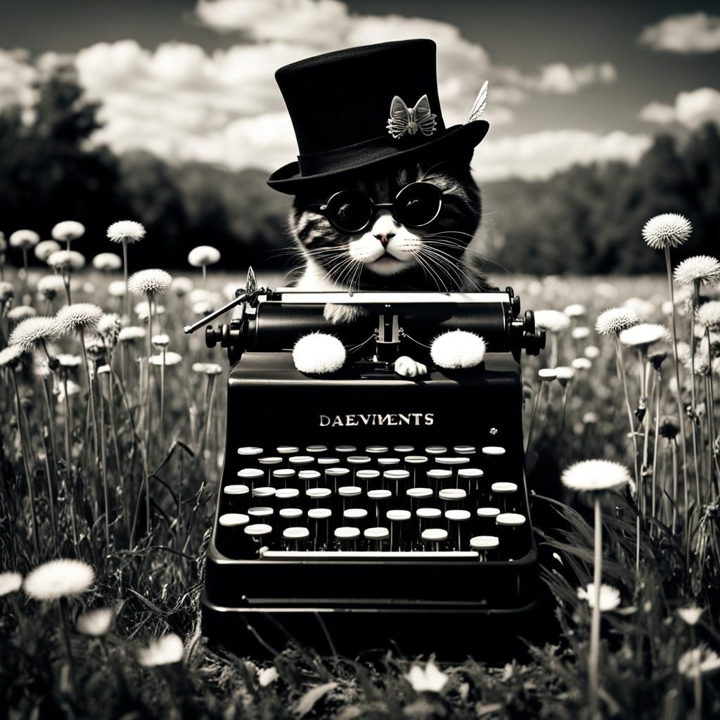 Typewriter Chibi 3D Female big eyed cat girl
goth doll , Black and white dandelion field, fairy in black and white st...