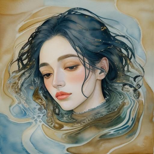 Expressionist Watercolor: Serene Face in Flowing Water