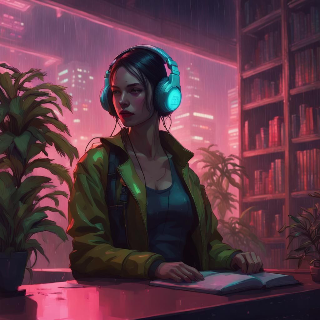 Cyberpunk Library Study with Woman and Cat