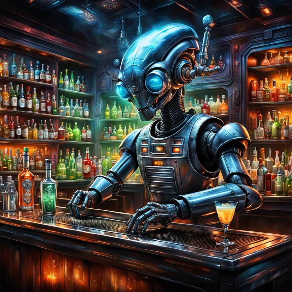 Robot Bartenders Crafting Cocktails in Smokey Space Bar