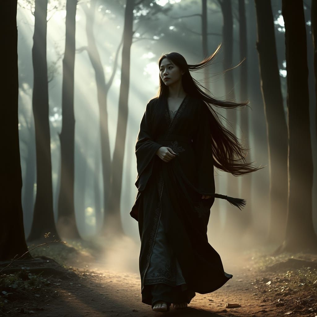 beautiful Asian female druid with long black hair walks through the forest