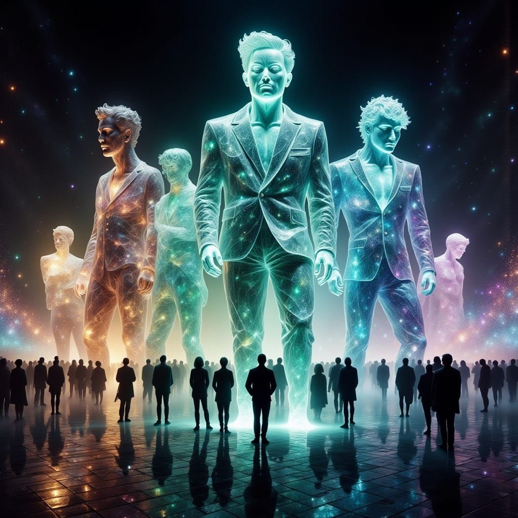 Crystal Celebrity Statues in Neon-Lit Square