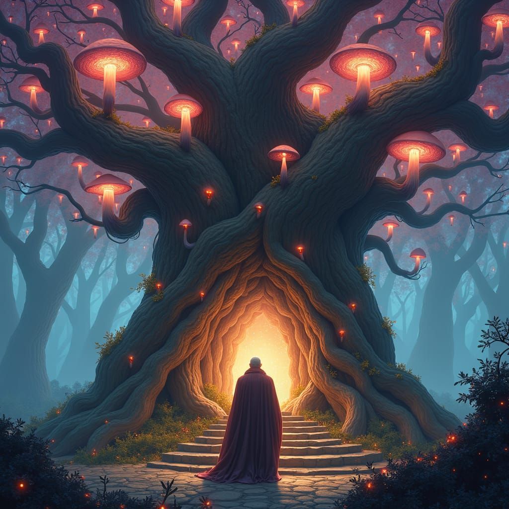 Warmly Lit Father Figure in Mushroom Throne