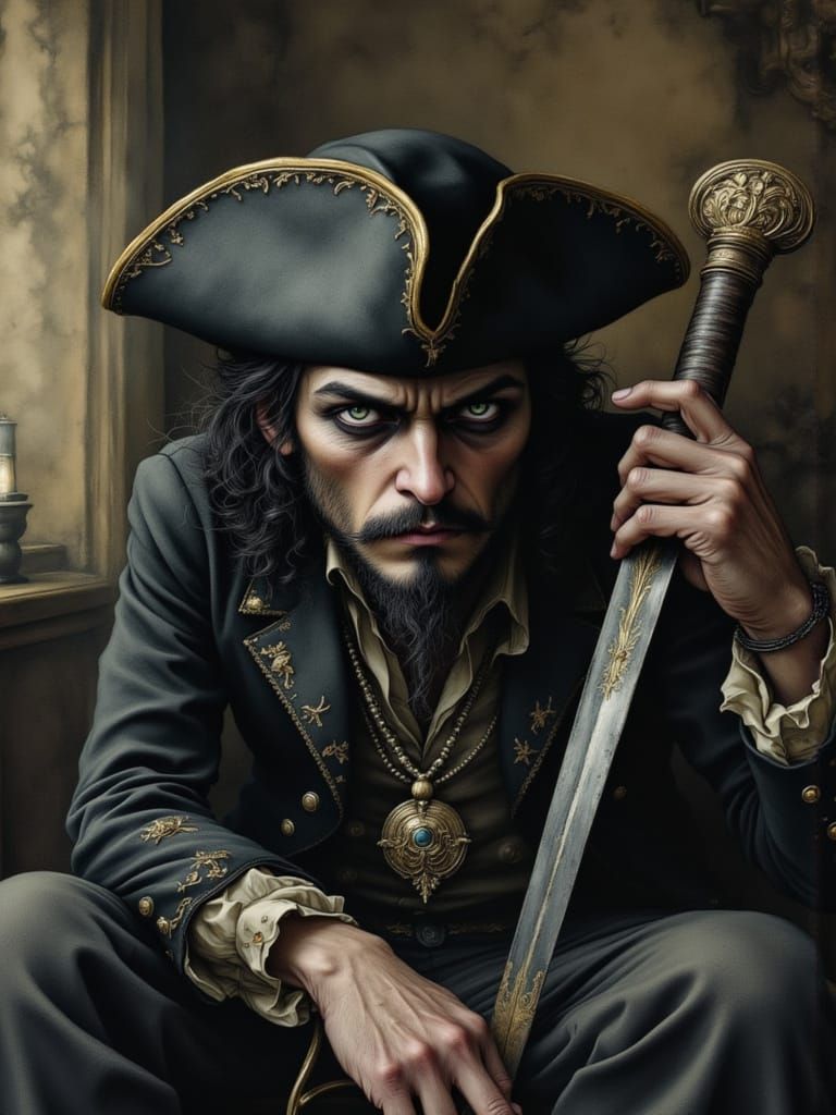 Moody Portrait of Blackbeard in Tricorner Cap with Cutlass