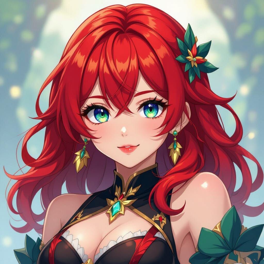 Anime Girl Red Hair Blue Green Eyes Dynamic Style